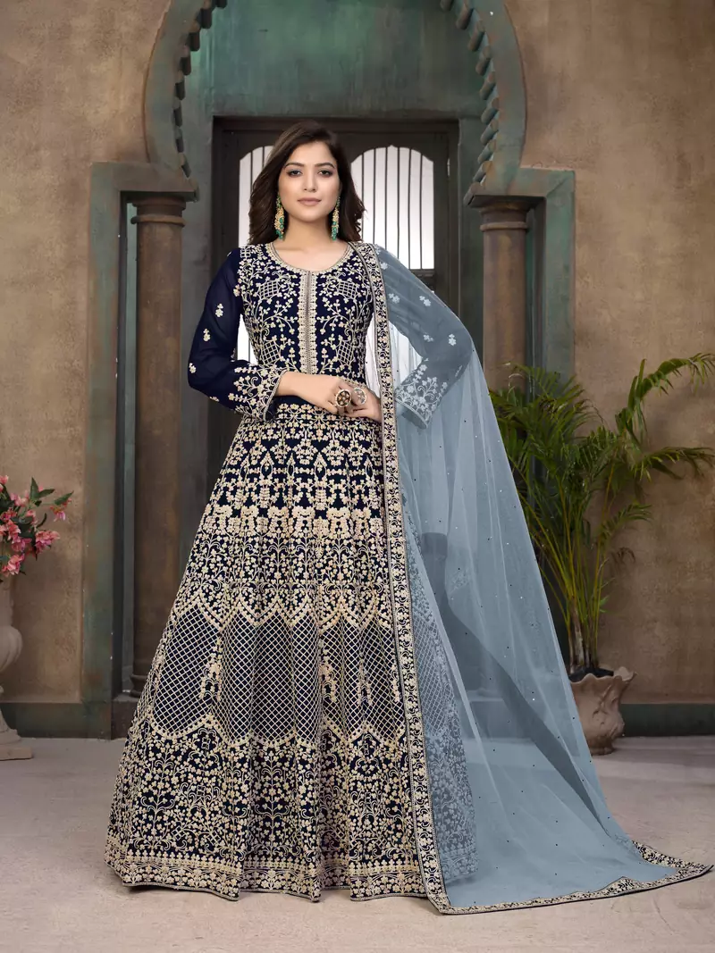 Blue embroidered faux georgette salwar