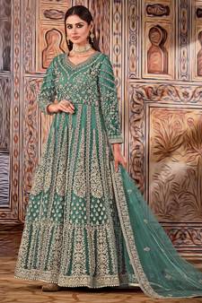 Teal-green embroidered net salwar
