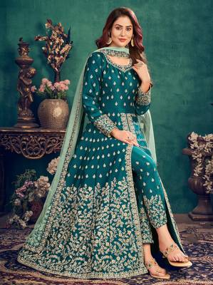 Teal embroidered art silk salwar 3