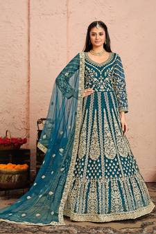 Teal embroidered net salwar