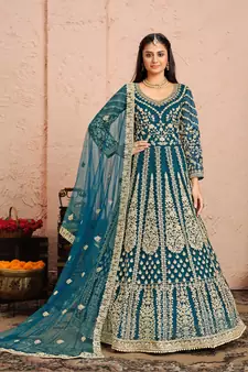 Teal embroidered net salwar