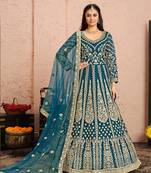Teal embroidered net salwar