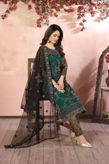 Teal-green embroidered net salwar