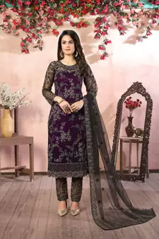 Dark-purple embroidered net salwar