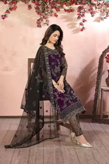 Dark-purple embroidered net salwar