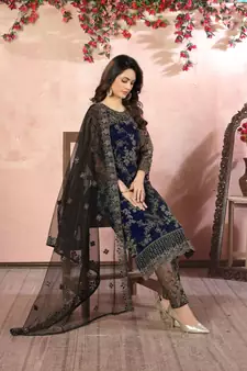 Navy-blue embroidered net salwar