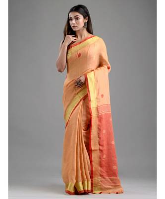 PURE LINEN BENGAL HANDLOOM POLKA DOT SAREE with blouse 1