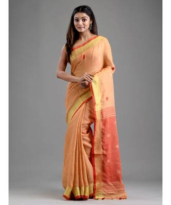 PURE LINEN BENGAL HANDLOOM POLKA DOT SAREE with blouse 2