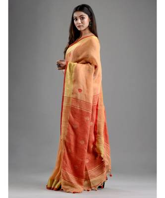 PURE LINEN BENGAL HANDLOOM POLKA DOT SAREE with blouse 3
