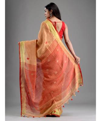 PURE LINEN BENGAL HANDLOOM POLKA DOT SAREE with blouse 4