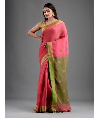 PURE LINEN BENGAL HANDLOOM POLKA DOT SAREE with blouse 1