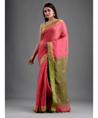 PURE LINEN BENGAL HANDLOOM POLKA DOT SAREE with blouse 2