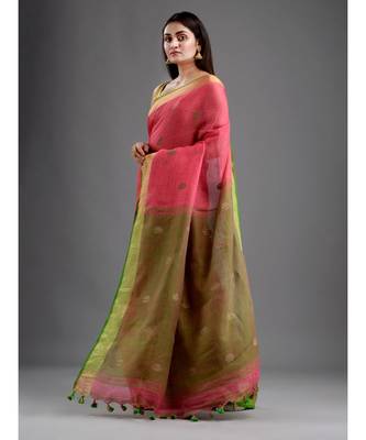 PURE LINEN BENGAL HANDLOOM POLKA DOT SAREE with blouse 3