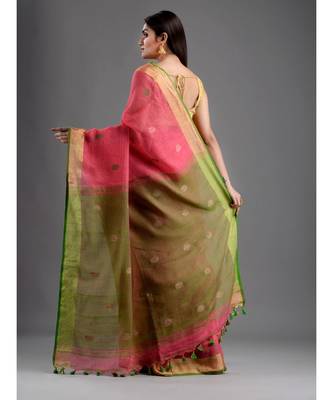 PURE LINEN BENGAL HANDLOOM POLKA DOT SAREE with blouse 4