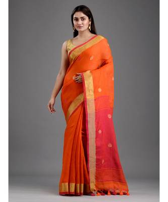 PURE LINEN BENGAL HANDLOOM POLKA DOT SAREE with blouse 2
