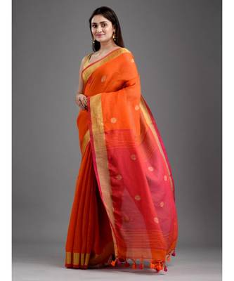 PURE LINEN BENGAL HANDLOOM POLKA DOT SAREE with blouse 3