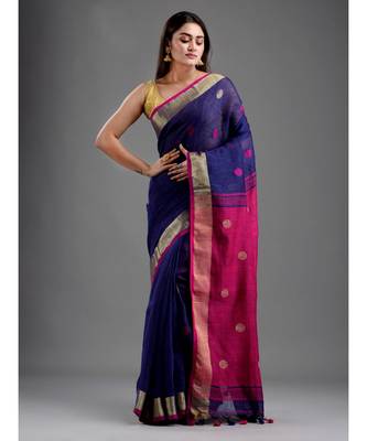 PURE LINEN BENGAL HANDLOOM POLKA DOT SAREE with blouse 1