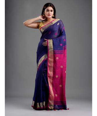 PURE LINEN BENGAL HANDLOOM POLKA DOT SAREE with blouse 2