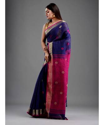PURE LINEN BENGAL HANDLOOM POLKA DOT SAREE with blouse 3