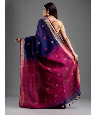 PURE LINEN BENGAL HANDLOOM POLKA DOT SAREE with blouse 4