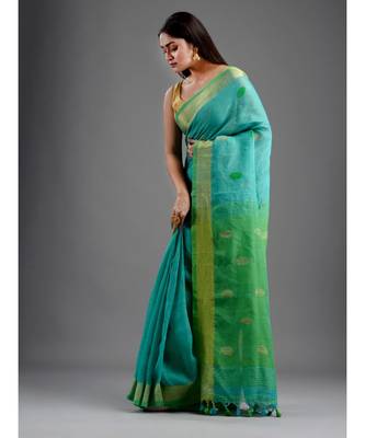 PURE LINEN BENGAL HANDLOOM POLKA DOT SAREE with blouse 3