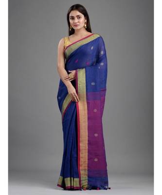 PURE LINEN BENGAL HANDLOOM POLKA DOT SAREE with blouse 1
