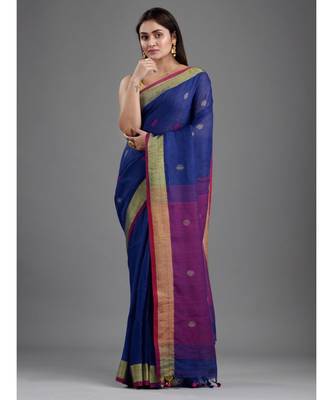 PURE LINEN BENGAL HANDLOOM POLKA DOT SAREE with blouse 2