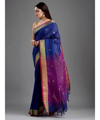 PURE LINEN BENGAL HANDLOOM POLKA DOT SAREE with blouse 3