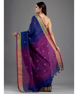PURE LINEN BENGAL HANDLOOM POLKA DOT SAREE with blouse 4