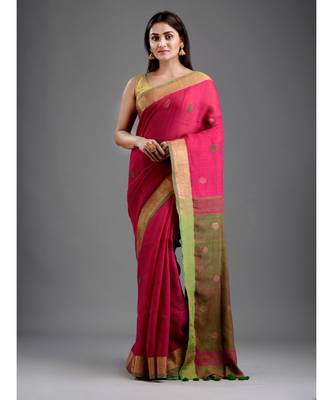 PURE LINEN BENGAL HANDLOOM POLKA DOT SAREE with blouse 1