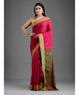 PURE LINEN BENGAL HANDLOOM POLKA DOT SAREE with blouse 2