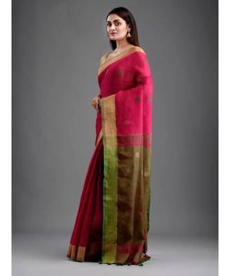 PURE LINEN BENGAL HANDLOOM POLKA DOT SAREE with blouse 3