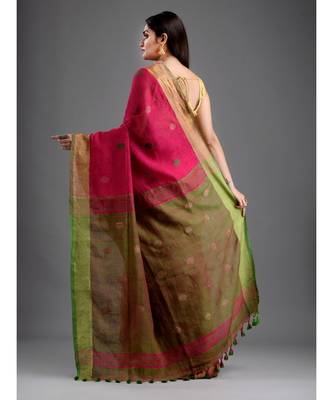 PURE LINEN BENGAL HANDLOOM POLKA DOT SAREE with blouse 4