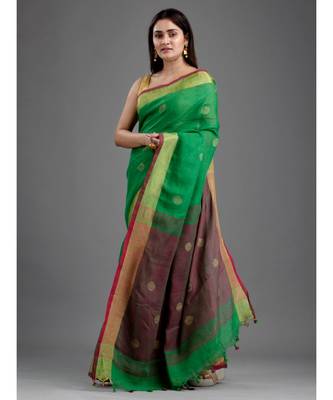 PURE LINEN BENGAL HANDLOOM POLKA DOT SAREE with blouse 2