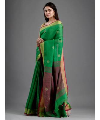 PURE LINEN BENGAL HANDLOOM POLKA DOT SAREE with blouse 3