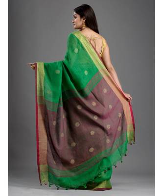 PURE LINEN BENGAL HANDLOOM POLKA DOT SAREE with blouse 5