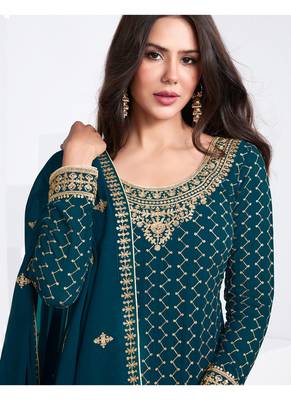 Dark-teal embroidered georgette salwar 3
