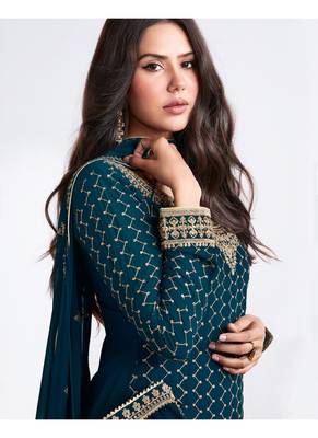Dark-teal embroidered georgette salwar 4