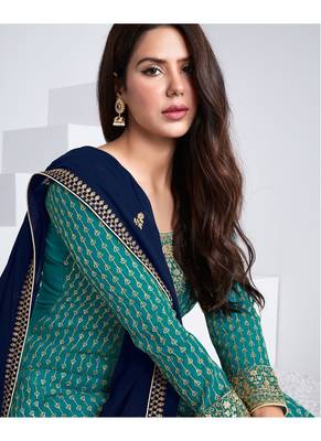 Turquoise embroidered georgette salwar 4