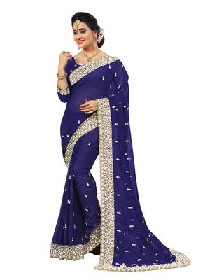 Blue embroidered georgette saree with blouse 1