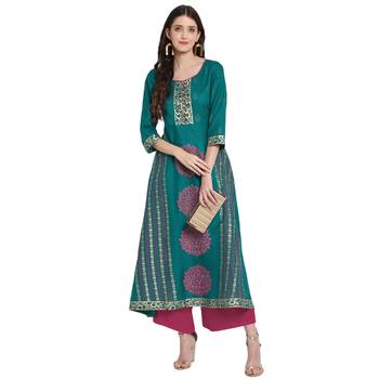Teal printed cotton cotton-kurtis 1