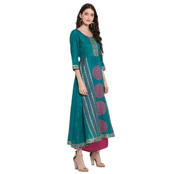 Teal printed cotton cotton-kurtis 4