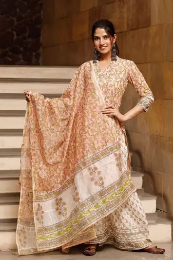 Cotton Printed Sharara Kurta Set with Chanderi Dupatta