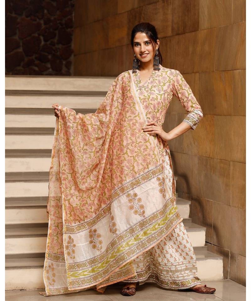 Cotton Printed Sharara Kurta Set with Chanderi Dupatta
