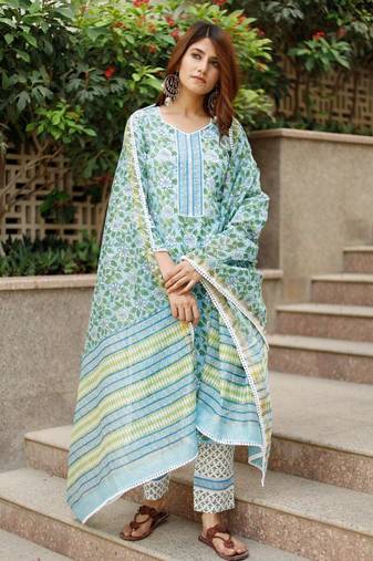 Blue Printed Cotton Kurta Set with Chanderi Dupatta