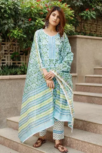 Blue Printed Cotton Kurta Set with Chanderi Dupatta