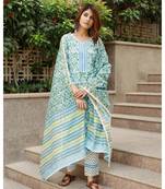 Blue Printed Cotton Kurta Set with Chanderi Dupatta