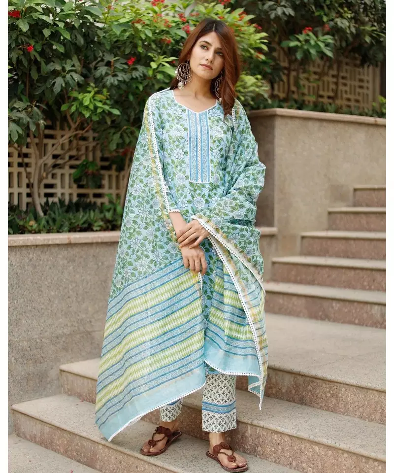 Blue Printed Cotton Kurta Set with Chanderi Dupatta