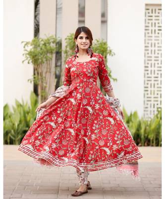Red Cotton Printed Anarkali Kurta Set 1