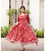 Red Cotton Printed Anarkali Kurta Set